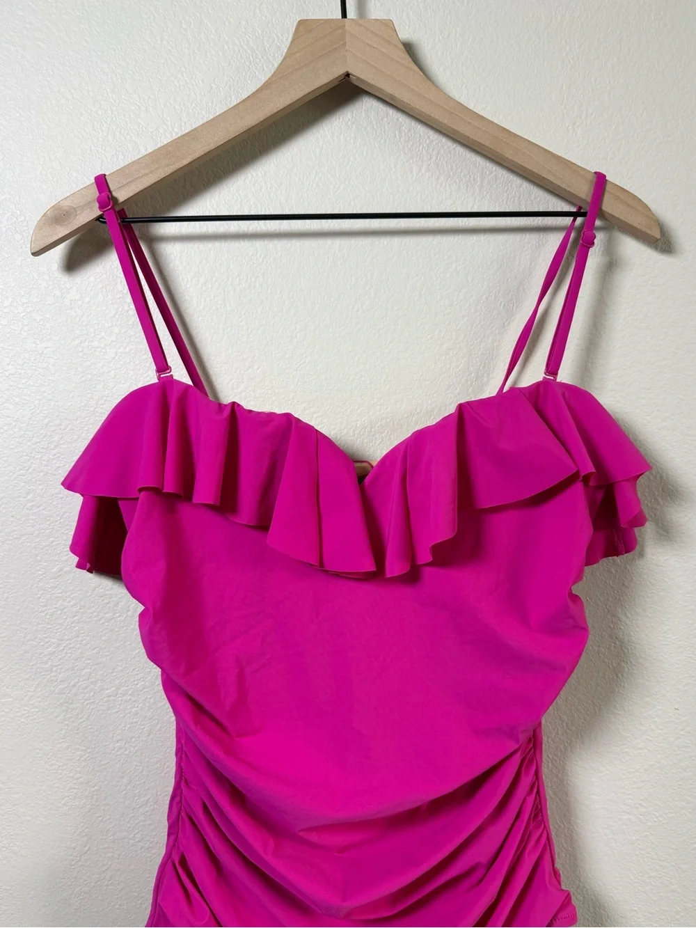 J Crew Matte Ruched Pink Ruffle One Piece Swimsuit Bathing Suit BX214 Size 12